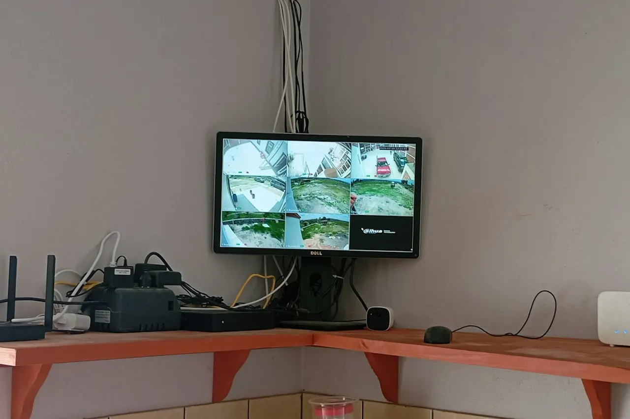 CCTV monitor showing live camera views next to the recorder
