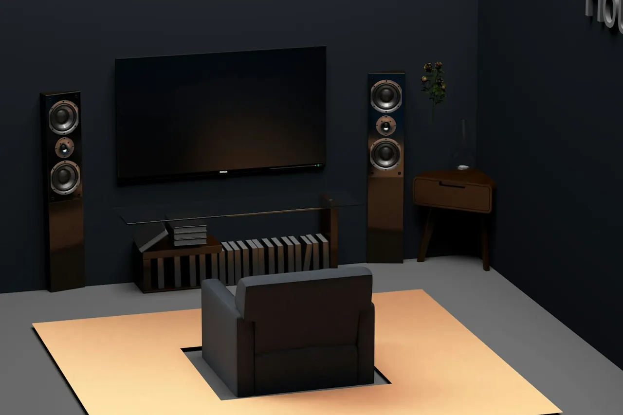 Home theatre with floorstanding speakers either side of the screen